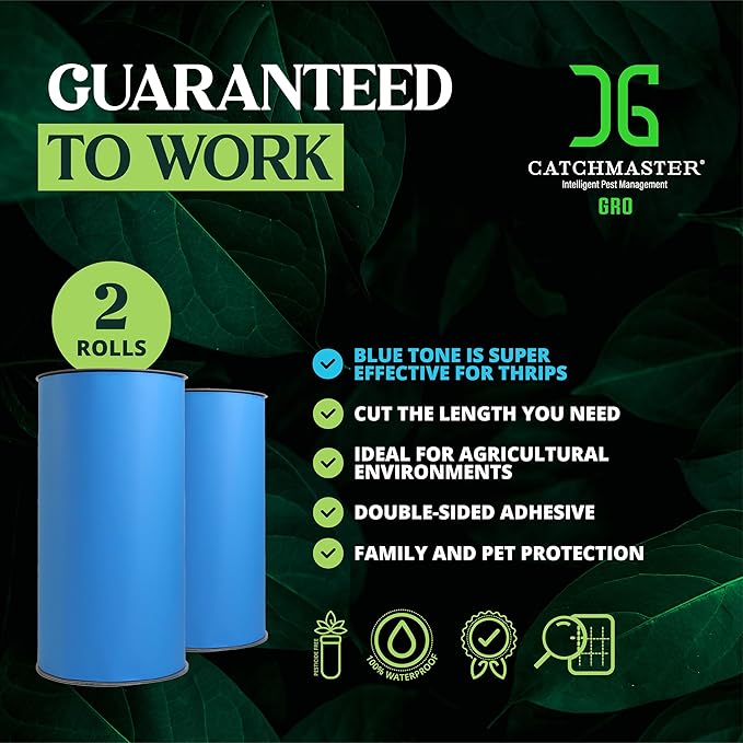 Catchmaster GRO XL AG Roll 2PK, Double Sided Adhesive Fly Tape Strips, Fungus Gnat Sticky Trap for Greenhouse, Garden, Nursery, Pest Control Gardening Supplies, Pet Safe Insect Trap, 328' x 12", Blue