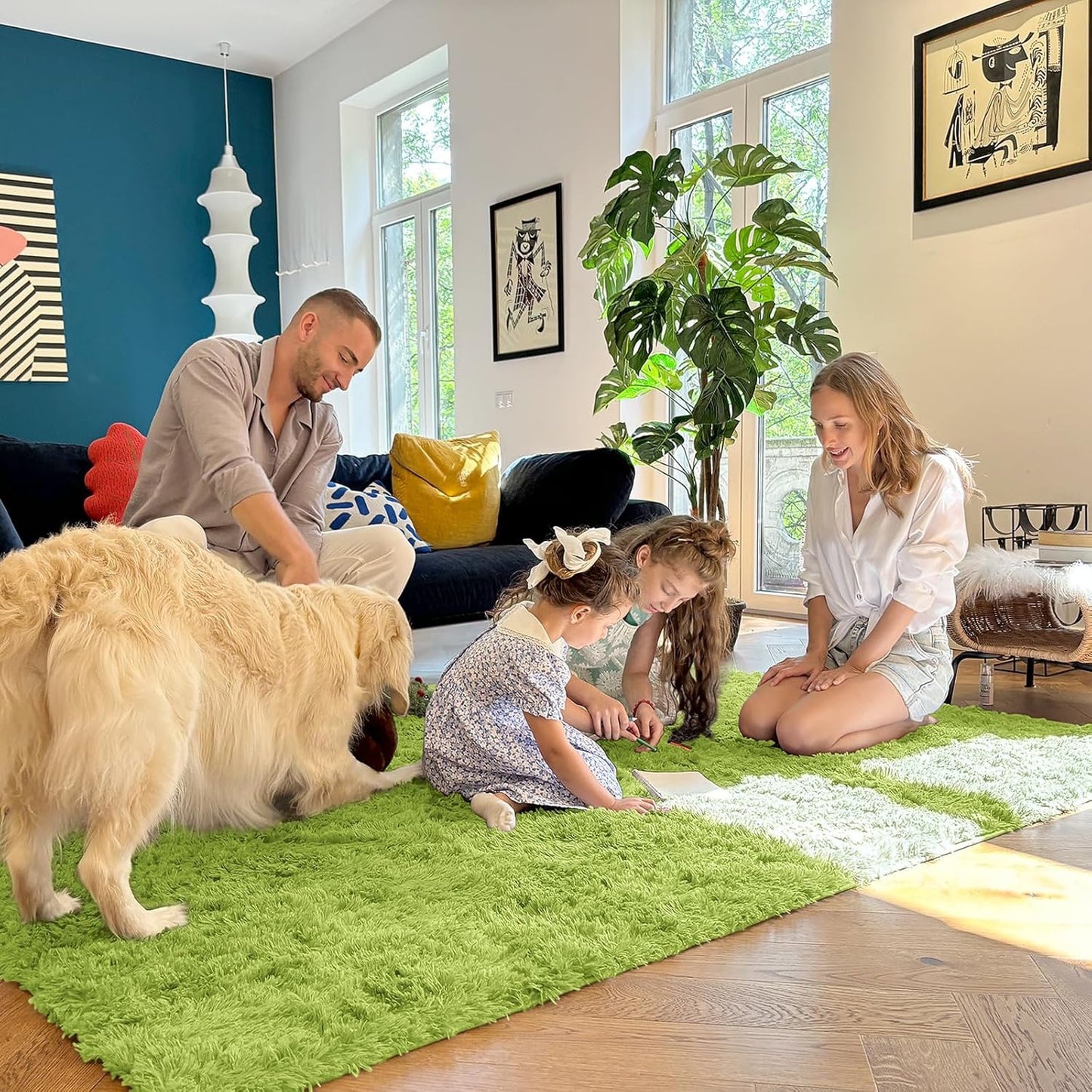 OLANLY 3x5 Soft Fluffy Shaggy Bedside Rug - Machine Washable Indoor Carpet for Kids & Nursery | Grass Green