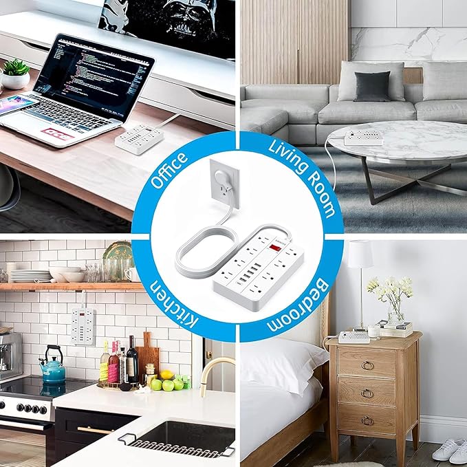 Power Strip Extension Cord, SMNICE Flat Plug Long Extension Cord 10 Ft with 8 Widely Spaced Outlets 6USB(1 USB C) Charging Station, Wall Mount for Dorm Home, Office Accessories,White