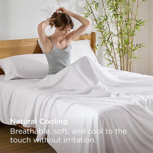 Bedsure Queen Sheet Set - Cooling Rayon Bamboo Sheets | Breathable & Soft, Deep Pocket Up to 16" - White