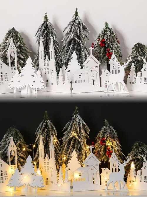 Colingmill Christmas Tabletop Decoration - 32 Inch Wooden Church & Elk Signs | Farmhouse Centerpiece Decor