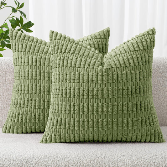 MIULEE Decorative Throw Pillow Covers - Soft Boho Striped Corduroy | Pack of 2, 16x16 Inch, Sage Green