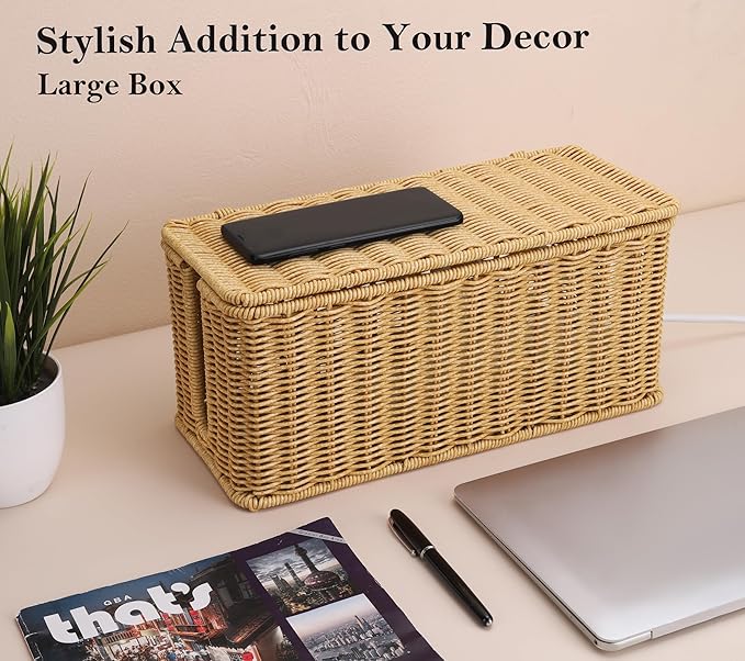 ZhiYo Rattan Cable Management Box, Brown Cord Organizer, 13.5" x 6.2" x 6"