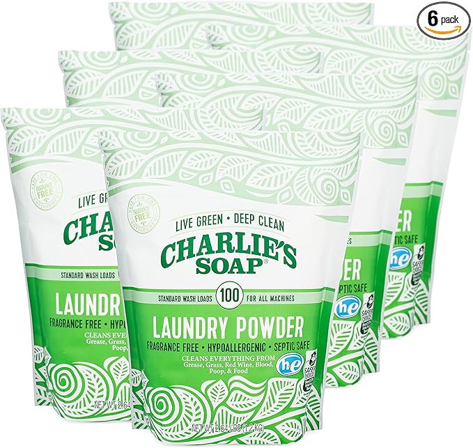 Charlieâs Soap Laundry Powder (100 Loads, 6 Pack) Hypoallergenic Deep Cleaning Washing Powder Detergent â Eco-Friendly, Safe, and Effective