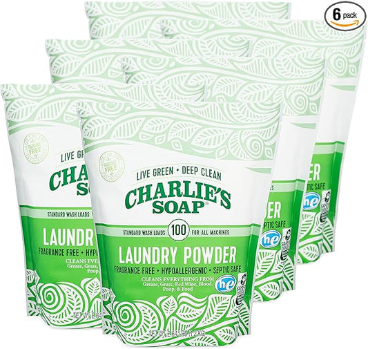 Charlieâs Soap Laundry Powder (100 Loads, 6 Pack) Hypoallergenic Deep Cleaning Washing Powder Detergent â Eco-Friendly, Safe, and Effective