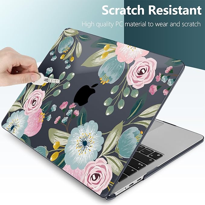 TWOLSKOO for M2 MacBook Air 13.6 Inch Case 2022 A2681 with Touch ID, Plastic Hard Shell Cover Screen Protector & Keyboard Trackpad Film 13 2022, Seamless Floral (A2681 M2)