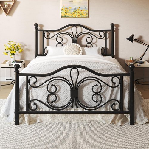 LOEWAY Queen Size Metal Bed Frame - Stylish Butterfly Pattern Headboard, No Box Spring Needed, Easy Assembly, Black
