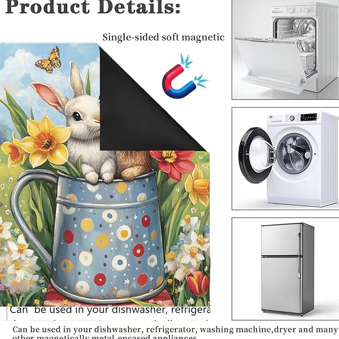Easter Bunny Dishwasher Magnet Decoration Cover Kitchen, Two Rabbits Vinyl Magnetic Dishwasher Sticker, 23 x 26 in Spring Colorful Flowers Home Magnet Fridge Cover