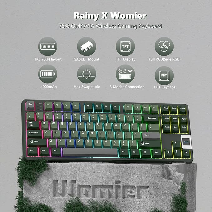 Rainy75 QK87 75% Keyboard with Multimedia Screen, QMK/VIA Wireless Gaming Keyboard, Creamy Mechanical Key Board,3-Mode RGB Custom Gasket Hot Swappable for Windows&Mac, POM Linear Switch-Gray Green