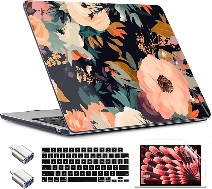TWOLSKOO for MacBook Air 15 inch Case 2026 2025 2024 2023 Release M5 A3448 M4 A3241 M3 A3114 M2 A2941, Plastic Hard Shell & Screen Protector & Keyboard Cover & Type C Adapter, Bright Abstract Flower