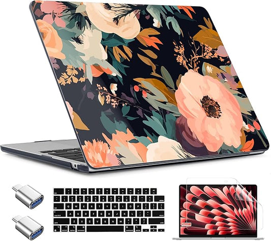 TWOLSKOO for MacBook Air 15 inch Case 2026 2025 2024 2023 Release M5 A3448 M4 A3241 M3 A3114 M2 A2941, Plastic Hard Shell & Screen Protector & Keyboard Cover & Type C Adapter, Bright Abstract Flower