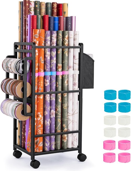 Aquzee Gift Wrapping Paper Organizer - Vertical Storage Cart with 9 Adjustable Rods & 12 PCS Slap Bands - Black