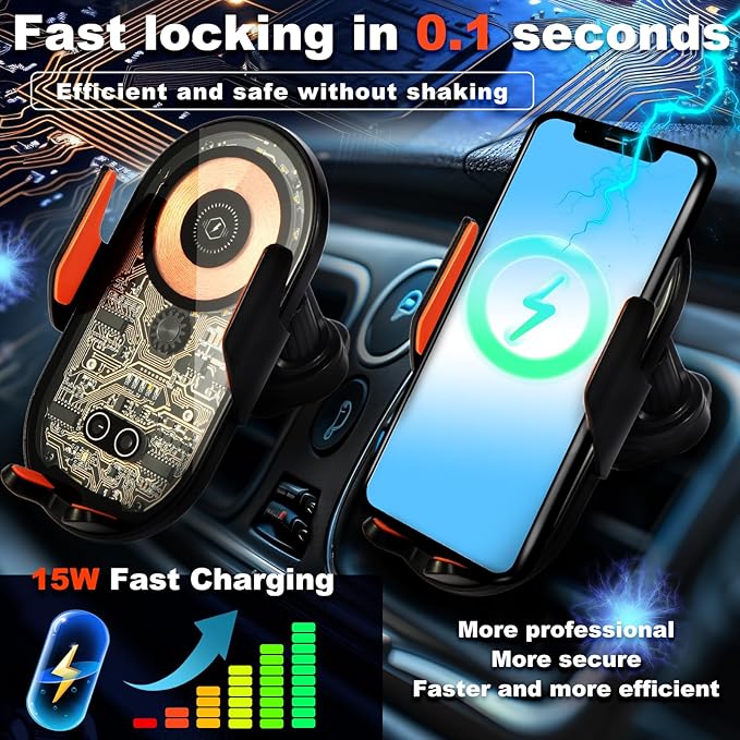 HOLIKLJY Wireless Car Charger, 15W Fast Charging Auto-Clamping Car Charger Phone Mount Air Vent Cell Phone Holder Compatible with iPhone 16 Pro Max/15/14/13/12/11, Samsung Galaxy S23/S22/S21/S20, etc