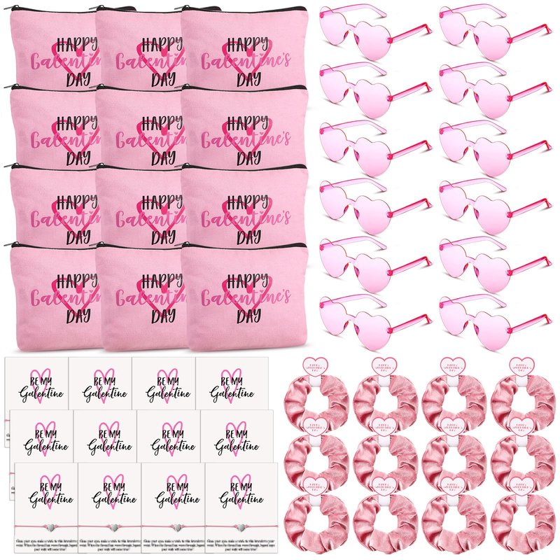 Landical 12 Set Galentine's Day Gift Set Include Makeup Bags Greeting Cards Velvet Hair Scrunchies Bracelets Sunglasses Gifts for Women
