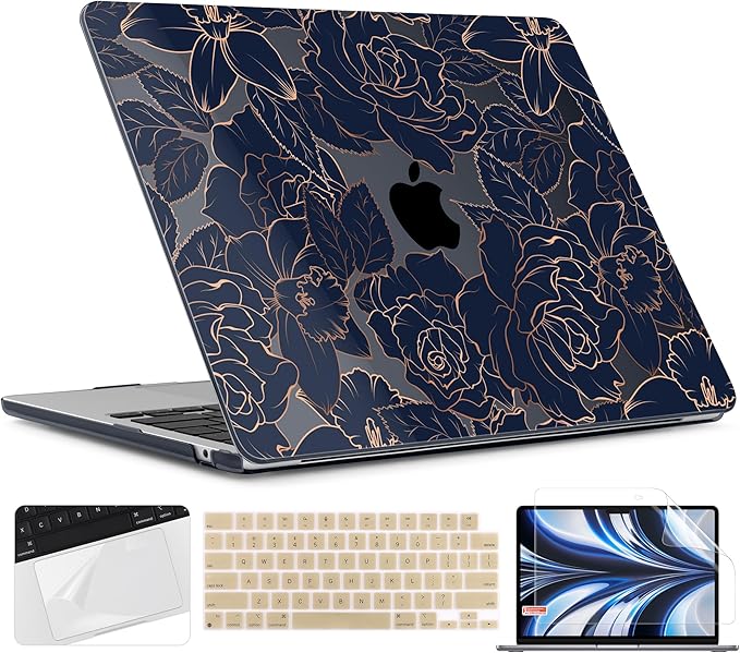 TWOLSKOO for MacBook Air 13 inch Case M5 2026 M4 2025 M3 M2 2024-2022 A3449 A3240 A3113 A2681, Plastic Hard Shell & Keyboard Cover & Screen Film for MacBook Air 13.6 inch Case, Elegant Roses