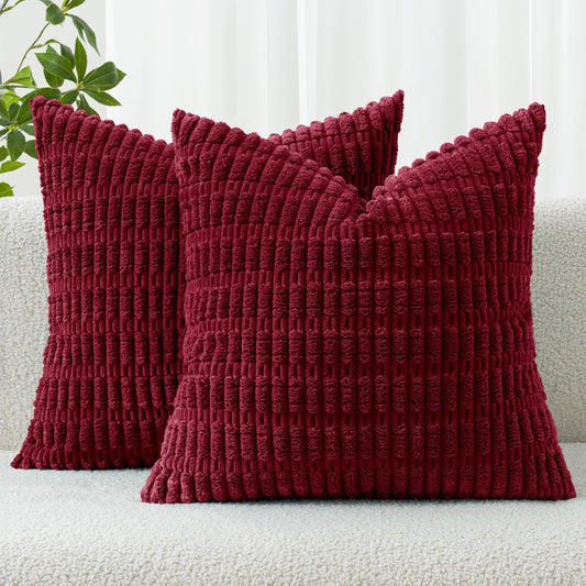 MIULEE Burgundy Corduroy Decorative Pillow Covers - Soft Boho Striped 18x18 Inch | Modern Farmhouse Home Decor