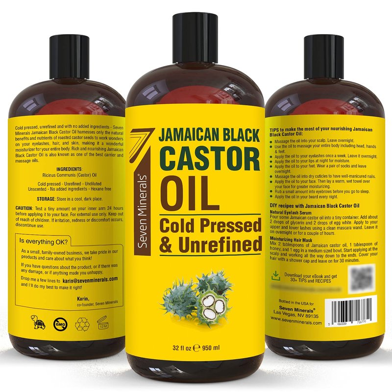 Seven Minerals, Pure Jamaican Black Castor Oil - Big 32 fl oz Bottle - Unrefined & Hexane Free - for Hair Growth, Thicker Eyelashes & Eyebrows, Dry Skin, Healing, Hair Care