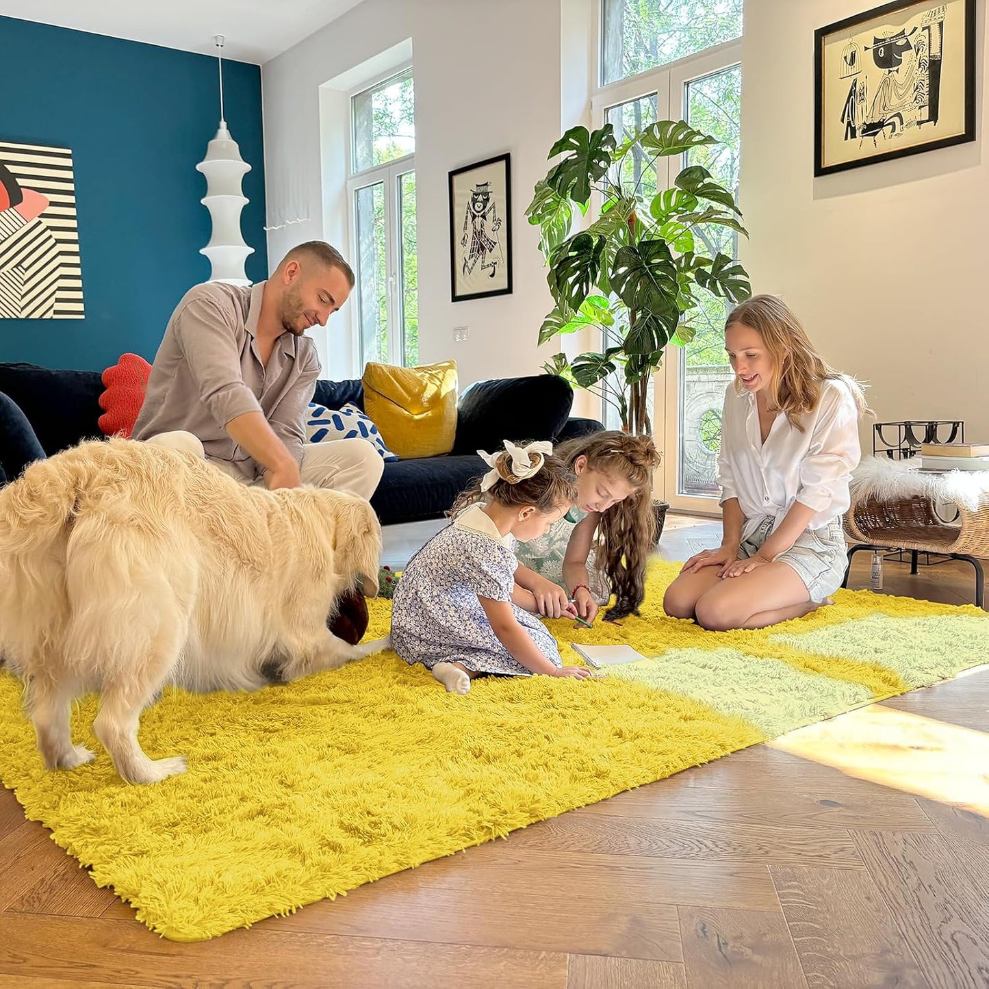 OLANLY Large 5x7 Machine Washable Area Rug - Soft Fluffy Shaggy Carpet for Living Room & Bedroom | Yellow