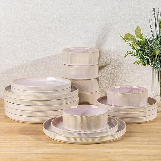 TheTerra Ceramic Dinnerware Sets for 6, 18 Pieces Porcelain Lightweight Plates and Bowls Sets, Scratch Resistant Dish Set, Oven & Microwave & Dishwasher Safe, Primrose Pink