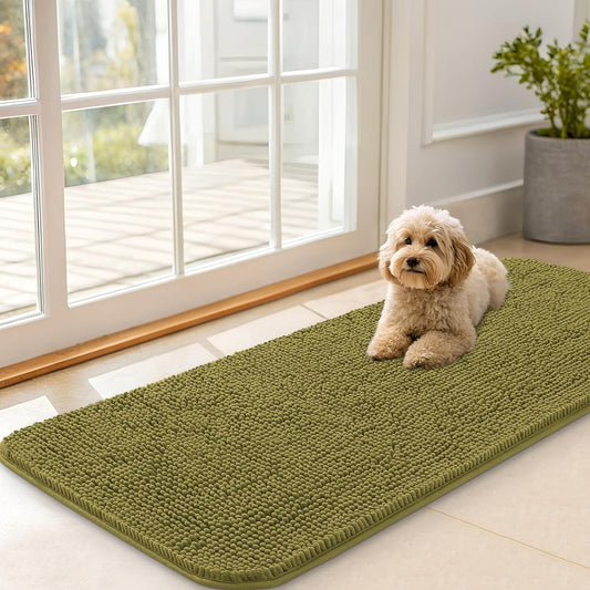OLANLY Dog Door Mat - Absorbent Non-Slip Washable Doormat for Muddy Paws | 47x20 Inches, Willow Green