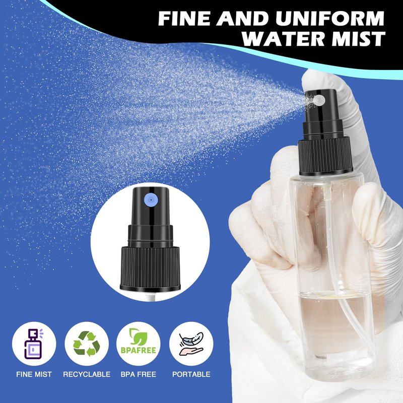 DupakSYS 100 Pack 2oz/55ml Plastic Small Spray Bottles Mini Travel Spray Bottle with Black Cap Empty Fine Mist Spray Bottles Refillable Liquid Container for Perfumes Travel Makeup