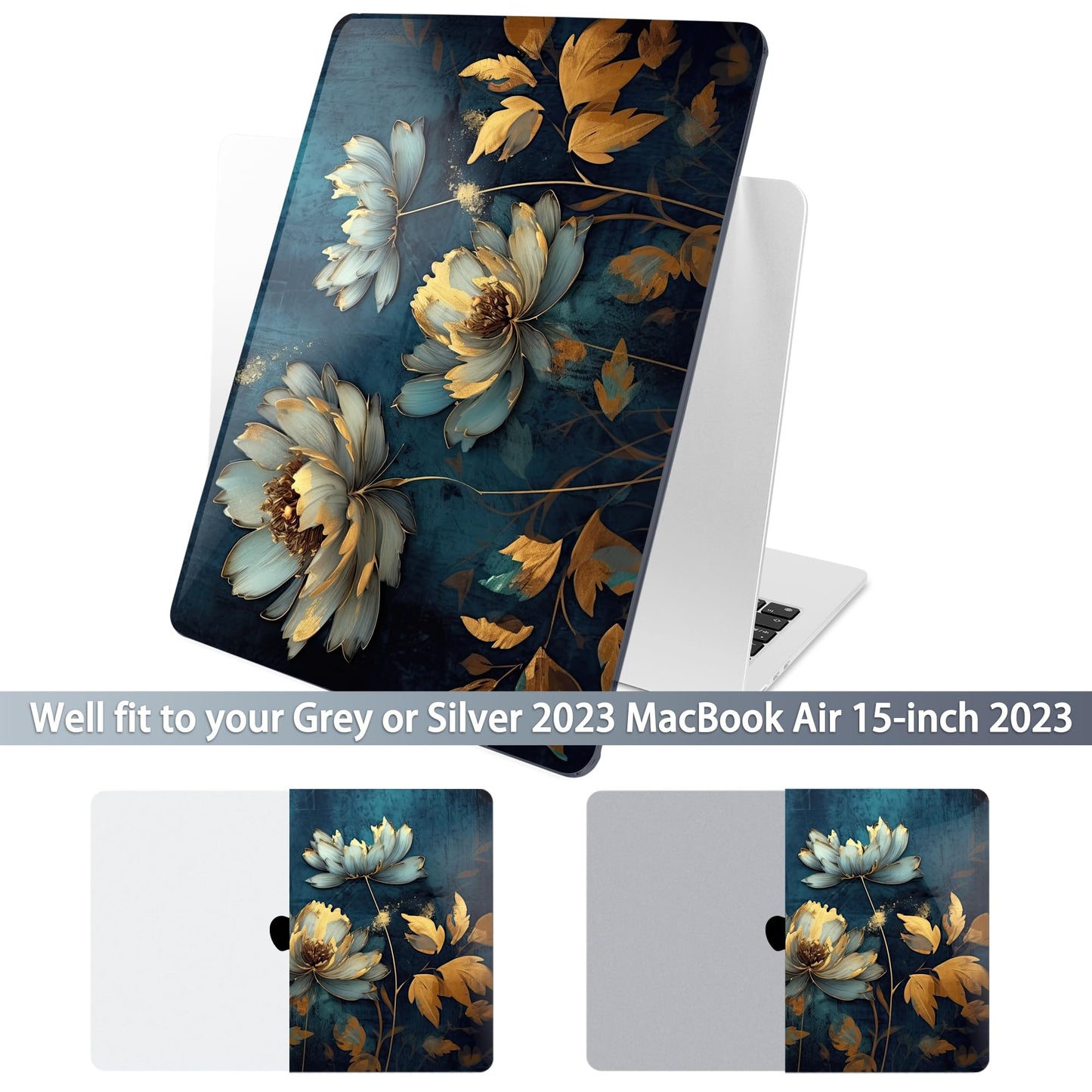 Batianda Premium Case for New MacBook Air 15 inch with M5 M4 M3 M2 Chip 2026 2025 2024 2023 Release, Designed Ultra-Slim Hardshell & Keyboard Cover & Screen Protector 4-in-1 Bundle, Blooming Flowers