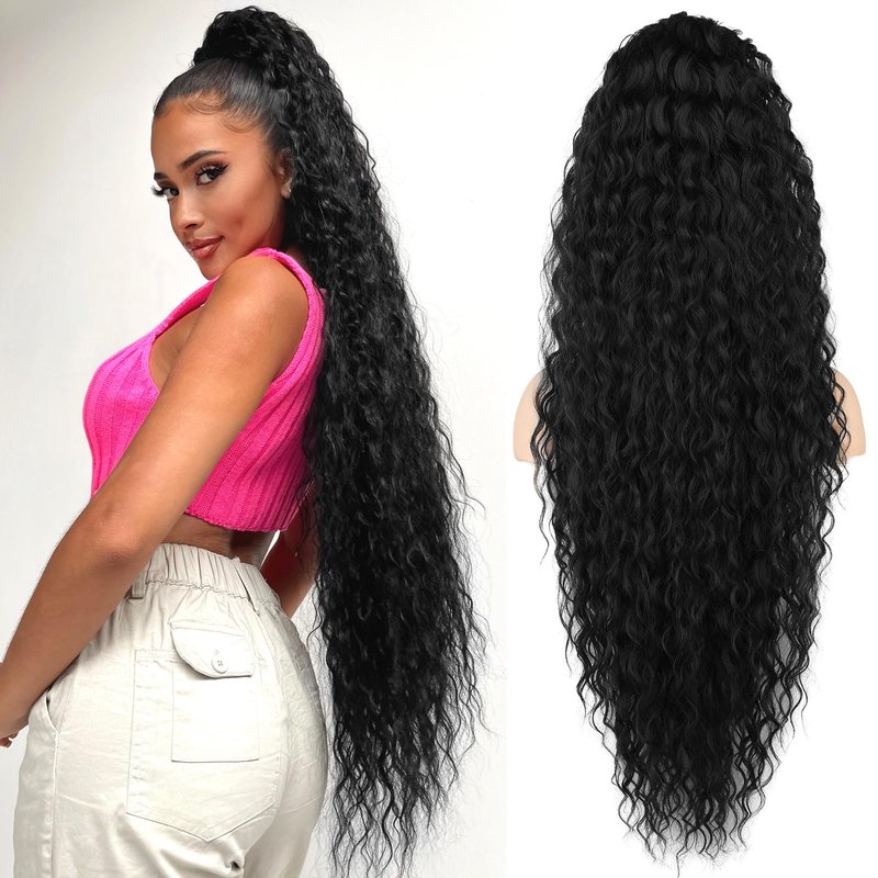SEIKEA Black Ponytail Extension, 36" Long Lightweight Full Natural Curly Drawstring Ponytail Fake Pony Tail Multi Layered Soft Clip in Hair Extensions Ponytail Synthetic Hairpiece for Women