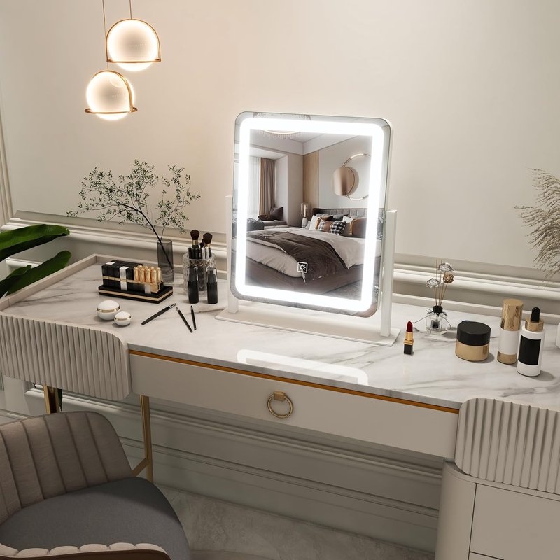 FENNIO LED Lighted Makeup Mirror - 15"x12.6" Touch Screen Vanity Mirror with Dimmable 3-Color Lighting | Perfect for Bedroom & Desk