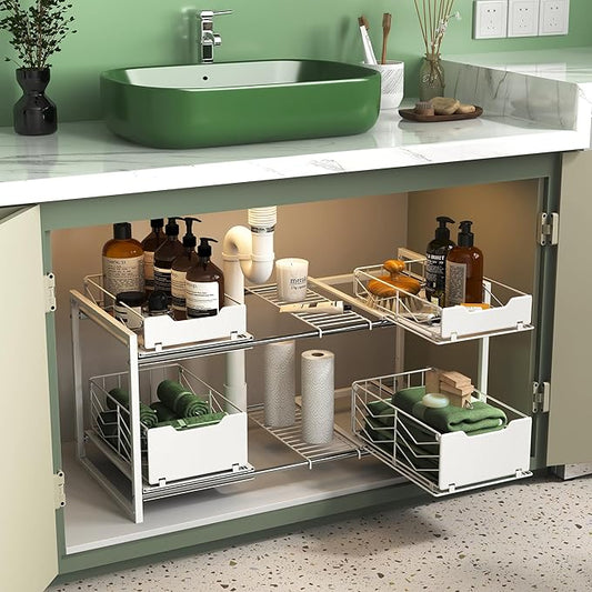 NETEL Pull Out Cabinet Organizer, Slide Out Drawers for Kitchen Cabinets, 2 Tier Expandable Pull Out Under Sink Organizers and Storage, 4 Pull-Out Metal Baskets, (21.5-31.64)" W X 14.69" D X 15.83" H