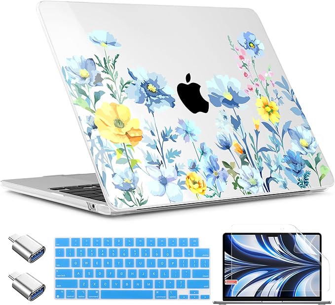 TWOLSKOO Compatible with MacBook Air 13 inch Case M5 2026 M4 2025 M3 M2 2024-2022 A3449 A3240 A3113 A2681, Plastic Hard Shell & Keyboard Cover for MacBook Air 13.6 inch Case, Blue Flowers