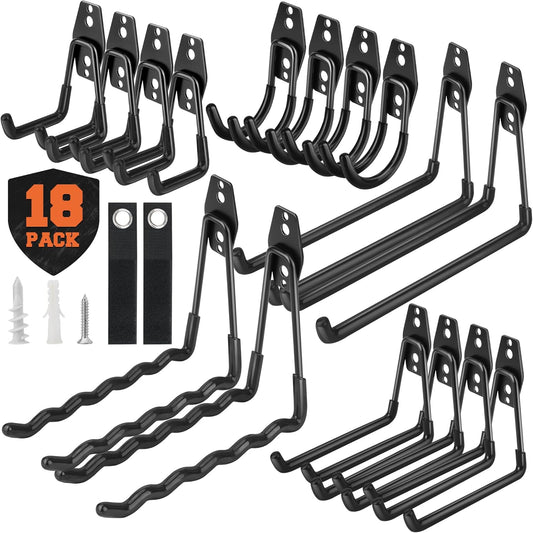 Nacial Heavy-Duty Garage Hooks - 18 Pack Utility Steel Wall Mount Storage for Bikes, Ladders & Tools