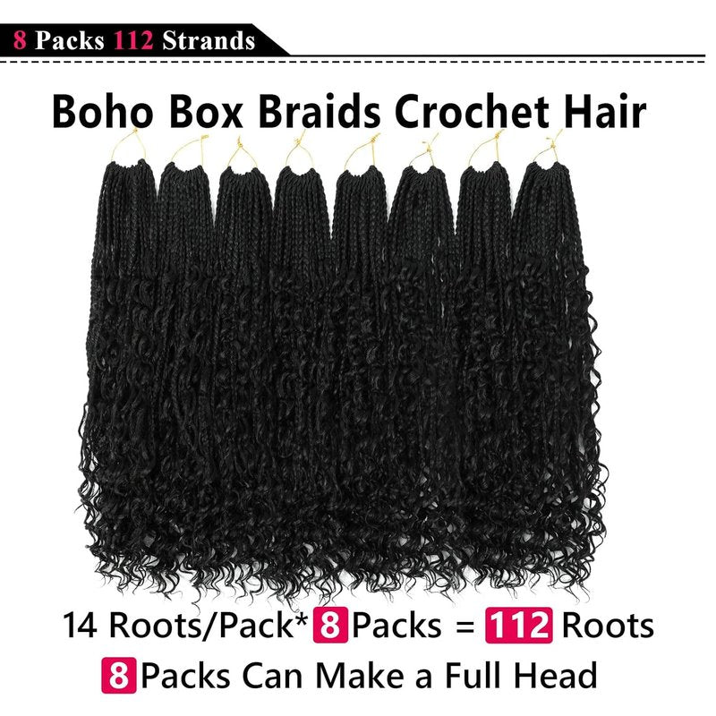 Goddess Box Braids Crochet Hair - 24 Inch Boho Braids With Curly Ends | 8 Packs Synthetic Extensions (1B)