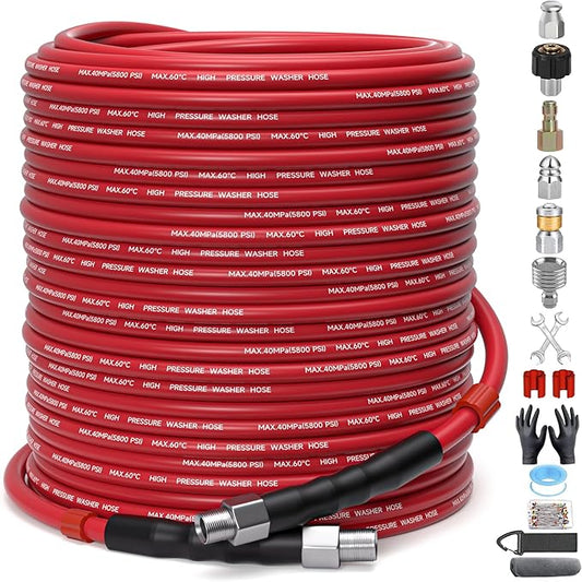 Sewer Jetter Kit for Pressure Washer â 200ft Water Jet Drain Cleaning Hose 5800PSI 1/4 Inch NPT Corner with Sewer Cleaning Tool High Pressure Nozzles and Spanner Waterproof Tape