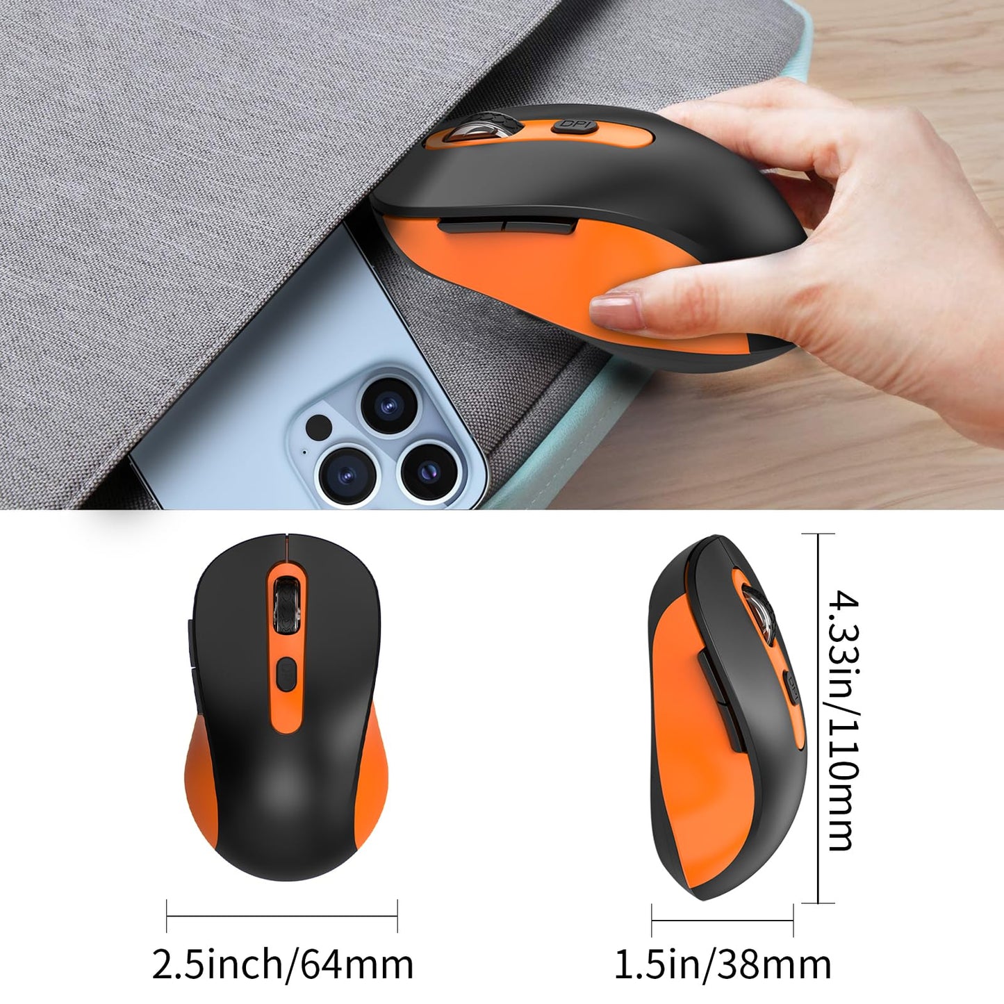 Wireless Mouse for Laptop, PC, Chromebook, Mac, MacBook, Silent Mouse with USB Nano Receiver, Side Button, 2400 DPI, Anti Slip Roller, 6 Button Ergonomics Cordless Computer Mice - Black Orange