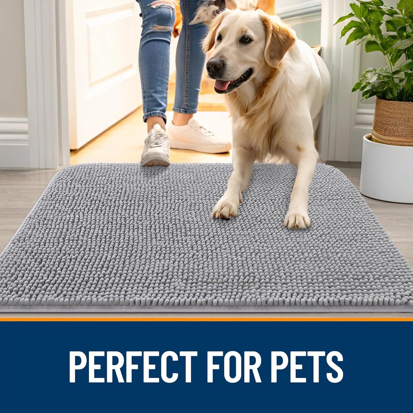 OLANLY Dog Door Mat - Absorbent Non-Slip Mud Mat for Indoor Use | 44x24, Light Grey, Quick Dry Chenille