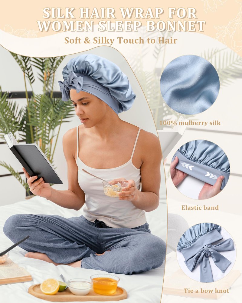 100% Mulberry Silk Bonnet for Women Hair Bonnet for Sleeping with Hair Scrunchy Elastic Tie Band Night Cap(Blue)