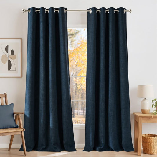 NICETOWN Faux Linen Navy Blue Blackout Curtains 84 inches Long for Living Room - Privacy Panels for Bedroom, Modern Farmhouse Style Easy Care Grommet Top, 2 Panels, W52 by L84