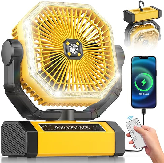 Battery Powered Fan - 9-Inch Rechargeable Fan Portable, 24000mAh(60Hrs) Camping Fans for Tent, Auto Oscillation Cordless, Tent Fans for Camping with Remote/light, 4 Speeds, 4 Timing, Outdoor, Yellow