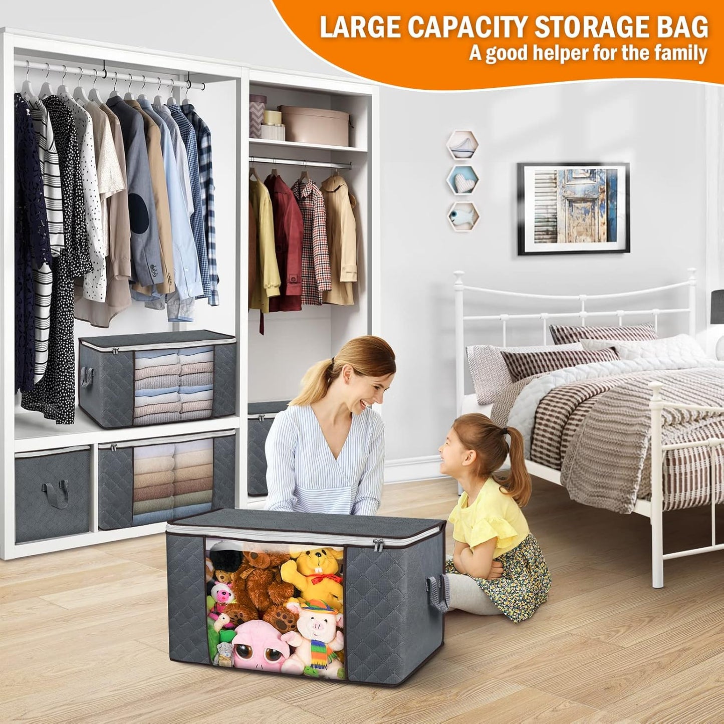 Skiennix 90L Large Storage Bags - 6 Pack & Under Bed Storage Containers - Gray, Reinforced Handles for Clothes & Bedding