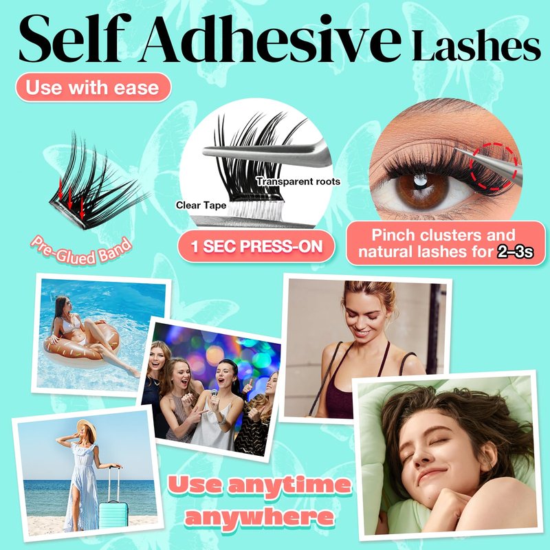 AILAISHI No Glue Needed Lashes, Self Adhesive Eyelashes, DIY Lash Cluster Extensions Kit 10‑18mm,120pcs Fluffy D Curl Soft Natural Lashes with Tweezers–Fake Cat Eye Wispy Individual Clusters 1-5-L