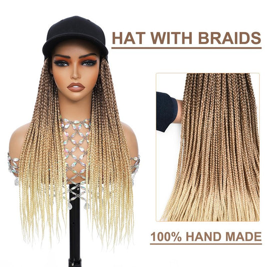 Hat Wig for Women Baseball Cap with blonde Braided Hair Attached Synthetic Box Braid Wig Hat Adjustable Black Cap with 18inch long ombre brown bonde light blonde Braids for Daily Outdoor Halloween Use
