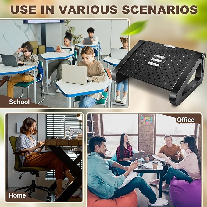 Beeveer 2 Pcs 6 Heights Adjustable Foot Rest for Under Desk at Work, Tilt Adjustable Footrest Ergonomic Foot Stool for Under Office Desks Chair Footrest for Leg Rests Home Pressure Relief(Black)