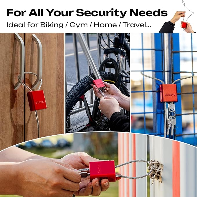BOZZYS Cable Lock with 3 Keys | L 6.56ft(2m),D 1/6in(4mm) Adjustable Steel Cable Padlock | Aluminum Locks for Bikes, Gate, Lockers & Outdoor Gear | Weatherproof & Red