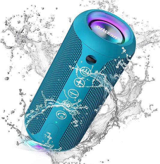 Ortizan Portable Bluetooth Speakers, IPX7 Waterproof Wireless Speaker with 24W Loud Stereo Sound, Outdoor Speaker with Bluetooth 5.3, Deep Bass, RGB Lights, Dual Pairing, 30H Playtime for Home