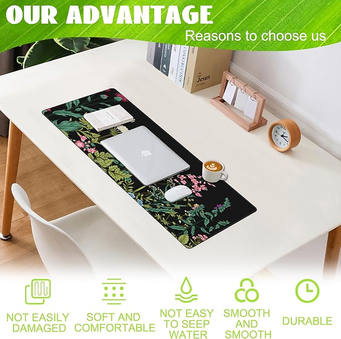 Eflxamz Large Gaming Mouse Pad for Desk,Wildflowers Night Desk Mat,Wild Floral Flower Desk Pad,Extended Big Computer Keyboard Mouse Pad with Non-Slip Base and Stitched Edge,31.5"x11.8"