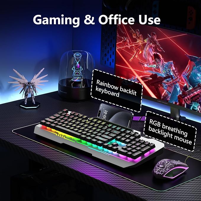AULA Gaming Keyboard and Mouse, 104 Keys RGB Backlit Computer Keyboards Mouse and Keyboard Combo with Number Pad, All-Metal Panel Wired PC Keyboard for Laptop Win XP/7/8/10, T102 New Update Version