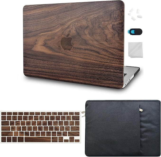 KECC Ultra Thin Case for MacBook Air 13 inch 2022-2018 Release M1 Chip, Lightweight Plastic Hard Shell for MacBook Air 13.3” + Keyboard Cover + Sleeve, Walnut Wood