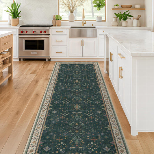 Regine Switzerland Dark Green Washable Kitchen Runner Rug - 2'6"x8' Non-Slip Rubber Backing, Stain Resistant