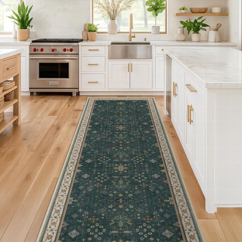 Hazo Haus Dark Green Hallway Runner Rug 12 ft Long - Modern Vintage Boho Eclectic Floral with Brown Accent, Washable Low Pile Non-Slip Extra Long Wide Runner Rugs for Kitchen, 3x12