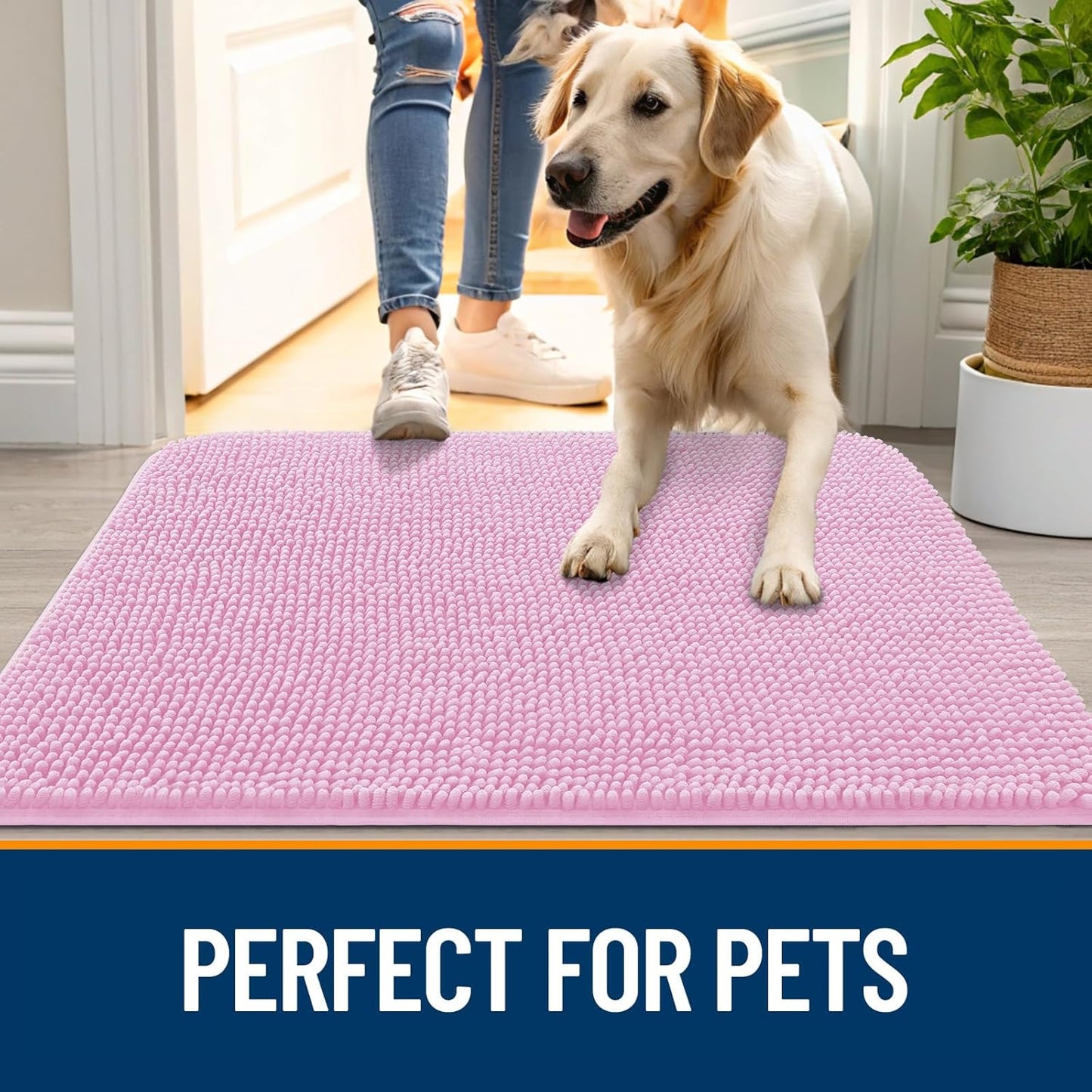 OLANLY Dog Door Mat - Absorbent Non-Slip Chenille Mat for Muddy Paws | 44x24, Quick Dry, Pink